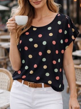 Sheer Navy Short Sleeve Polka Dot Tee with Multicolor Dots
